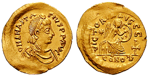 Римская монета - золотой солид с изображение императора Анастасия I